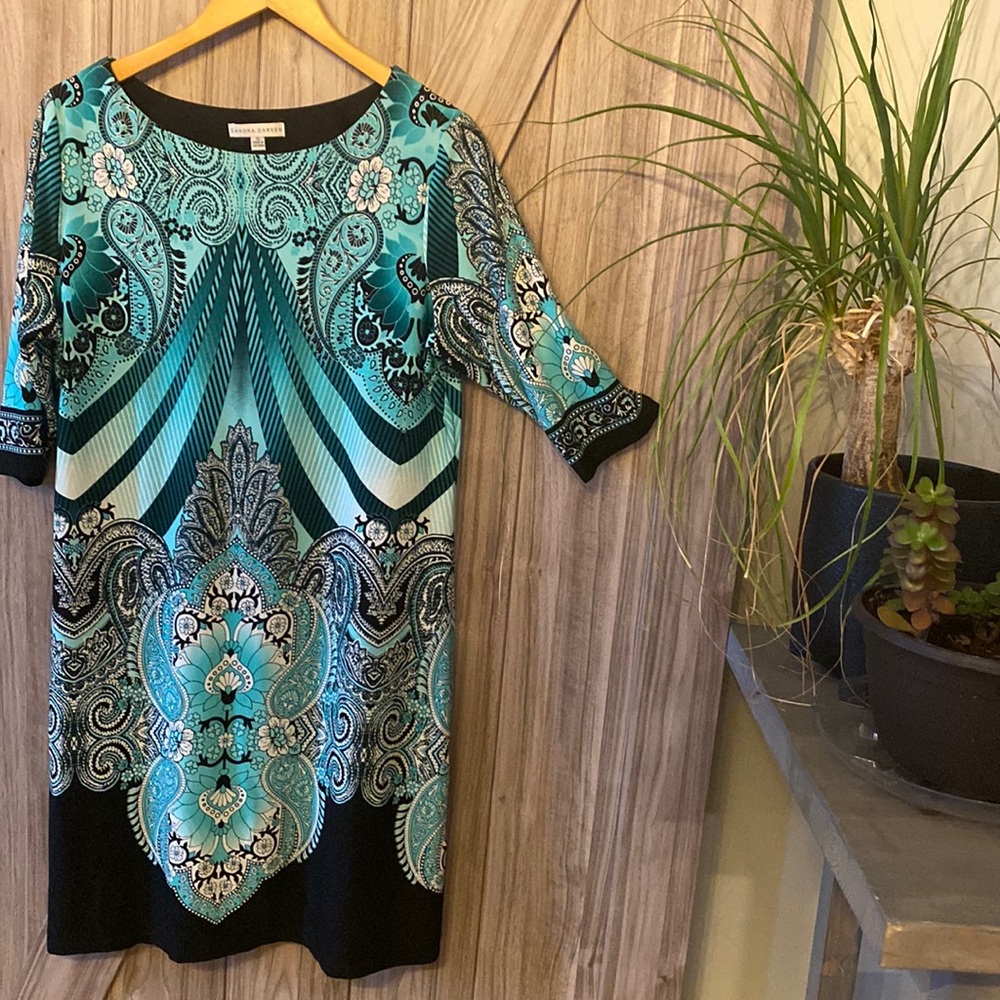 Green and black dress.